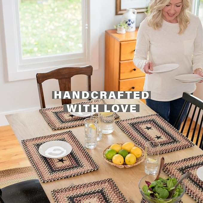 Homespice Primitive Star Gloucester Dining Placemats, Warm Primitive Decor, Set of 6, Black and Red - 13x19 Rectangle Table Mats - Vibrant Colors, Durable, Easy to Clean and Protects Furniture