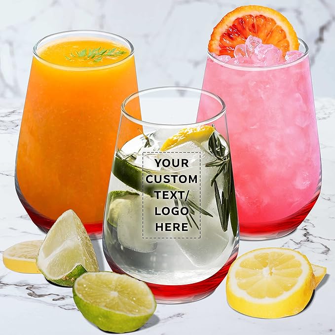 DISCOUNT PROMOS 100 Vaso Silicia Stemless Wine Glasses Set, 16 oz. - Personalized Text, Logo - Clear, Orb-Like, Thick base - Red