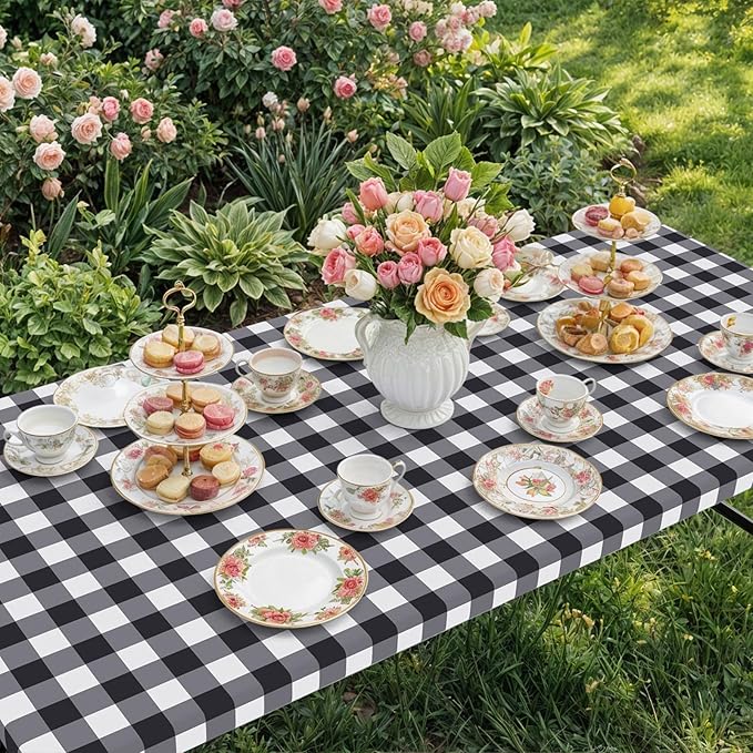 Smiry Rectangle Picnic Table Cloth, Elastic Waterproof Fitted Vinyl Tablecloths, Flannel Backed Buffalo Plaid Table Covers for Dining, Camping, Outdoor (Black and White, 30" x 60")