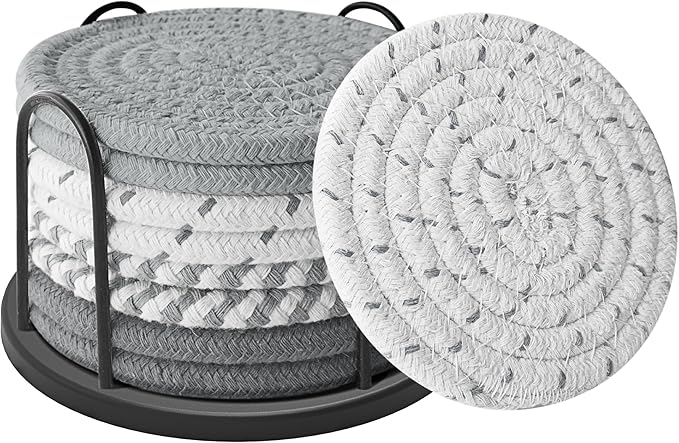 Coasters Set of 8 for Drinks, Beer, Coffee, Cotton Woven 4 Colors Absorbent Coaster with Holder, Boho Coasters for Home Decor Tabletop Protection Suitable for Kinds of Cups