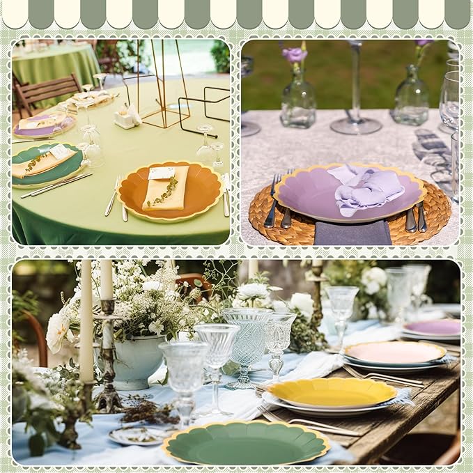 96 Pcs Nature Wedding Paper Plates 9 Inch Sage Green Purple Scalloped Paper Disposable Dinner Dessert Plates for Birthday Wedding Bridal Party Supplies, 6 Colors