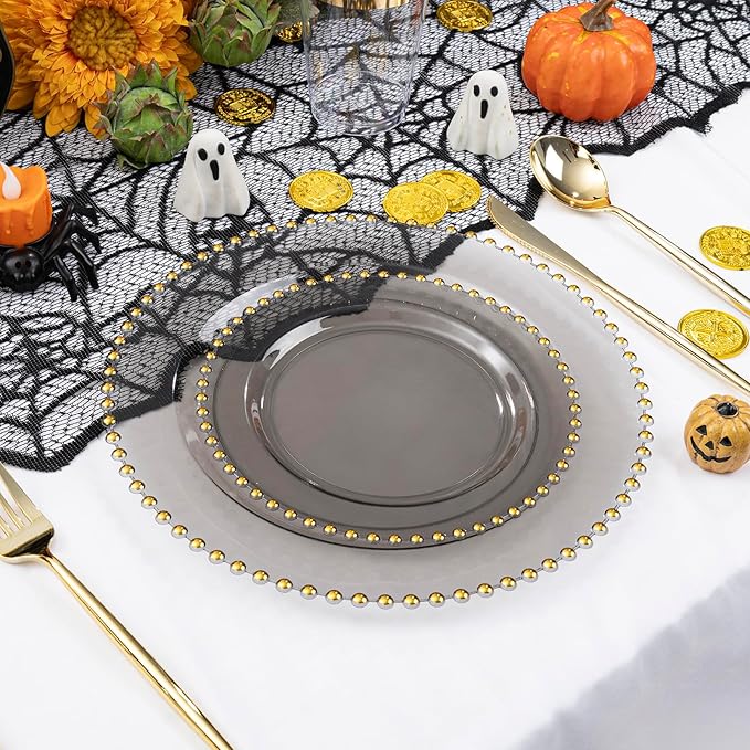 EI 60pcs Clear Black and Gold Plastic Plates Disposable Plates Heavy Duty,10.25" Dinner & 7.5" Dessert Clear Black Plate Perfect Wedding,Party,Birthday,Anniversary,Business Events