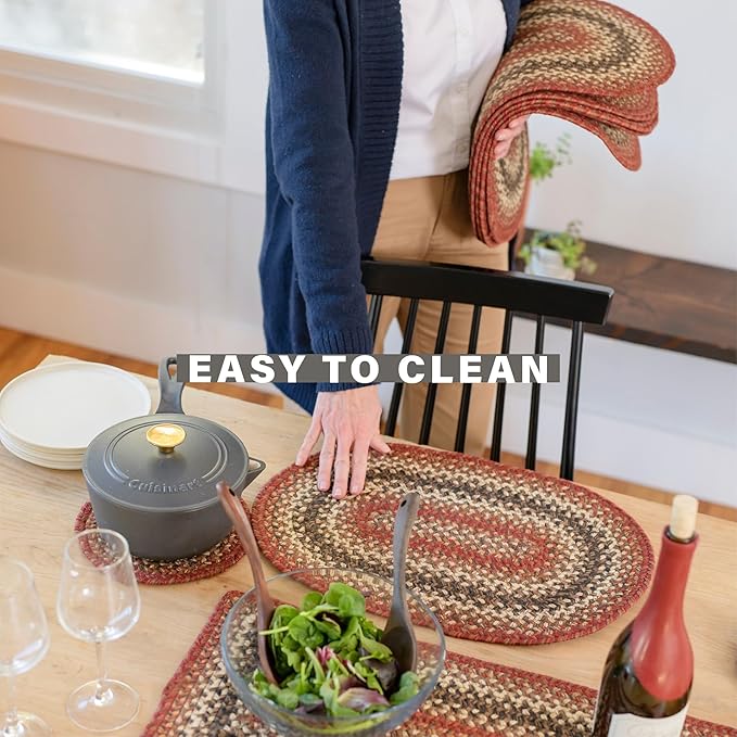 Homespice Chester Jute Braided Oval Placemats, Warm Lodge and Cabin Decor, Set of 6, 13x19 Red Table Mats - Vibrant Colors, Durable, Easy to Clean and Protects Furniture