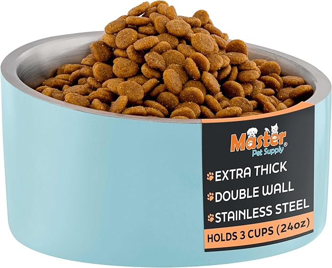 Master Pet Supply Stainless Steel Slanted Dog Cat Food Bowl - 24 oz Heavy Duty - Aqua Sky, Double Wall Insulated, Non-Slip Elevated Bowl for French Bulldogs Pugs Cats, Anti Rust Dishwasher Safe