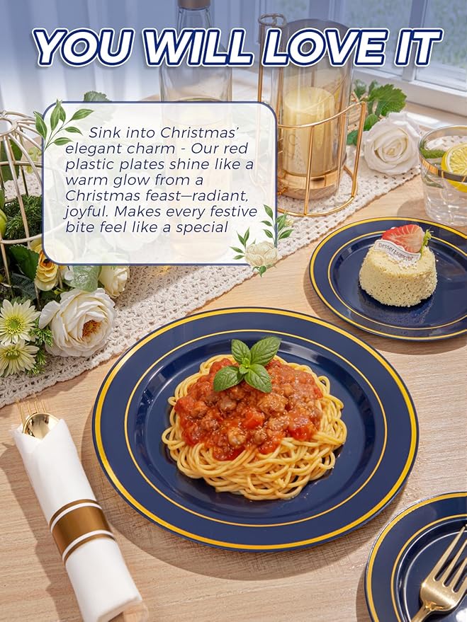 175PCS Blue and Gold Plastic Plates - Navy Blue Plates with Pre Rolled Napkins for Party - 25Guest Disposable Dinnerware Sets for Party/Birthday/Wedding