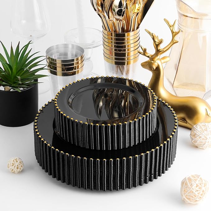 EI 60pcs Black Plastic Plates,Black and Gold Plastic Plates Disposable,Fancy Heavy Duty 10" Dinner & 7" Dessert Plate for Party,Birthday,Anniversary,Wedding,Afternoon Tea,Business Events,Banquets