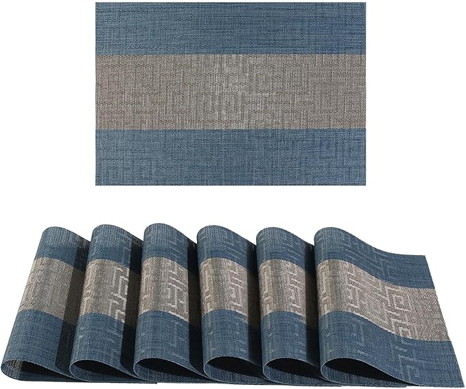 FAVE Placemats Set of 6 Indigo Blue Woven with Gray Placemats Durable and Wipeable Vinyl Placemat Set of 6 for Wedding, Banquet, Birthday, Party, Restaurant Decorations（Indigo Blue）