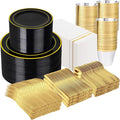 GATHER 700PCS Black Plastic Plates - Gold Disposable Plastic Dinnerware Set Include 200 6.3inch/9inch Black Plates, 300 Silverware, 100 Napkins, 100 Cups for Party & Wedding & Birthday