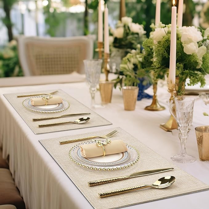 SLKQG Beige Linen Placemats Set of 8, Heat Resistant & Machine Washable Double-Layered Cloth Placemats for Dining Table, Indoor/Outdoor Use, Wrinkle-Free and Non-Slip Kitchen Table Mats (8, Beige)