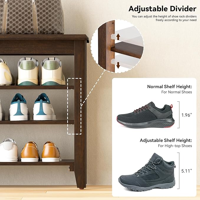 Shoe Rack Bench with Rubberwood Flat Top and 3 Adjustable Shelves – Wooden Shoe Rack for Entryway, Hallway, Mudroom, Front Door, or Small Spaces