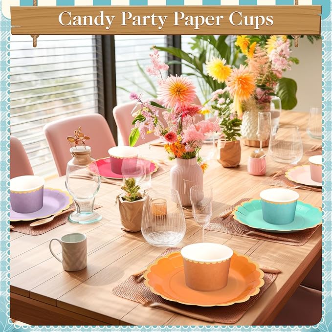 Zopeal 48 Pcs Colorful Disposable Ice Cream Bowls 9oz Candy Gradient Color Paper Snack Cups with Gold Scallop for Parties, Weddings, Baby Showers, Desserts, Yogurt, and Salads
