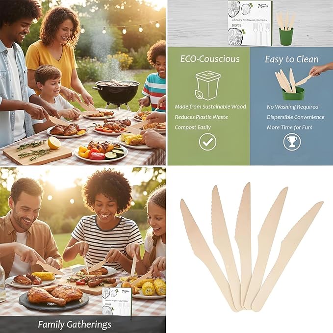 100 Pack Disposable Knives - 6.5 Inch Length Wooden Cutlery - Biodegradable Silverware For Catering Formal Events, Parties, BBQ, Picnic, Camping, Travels, Weddings, Dinner And All Other Occasions
