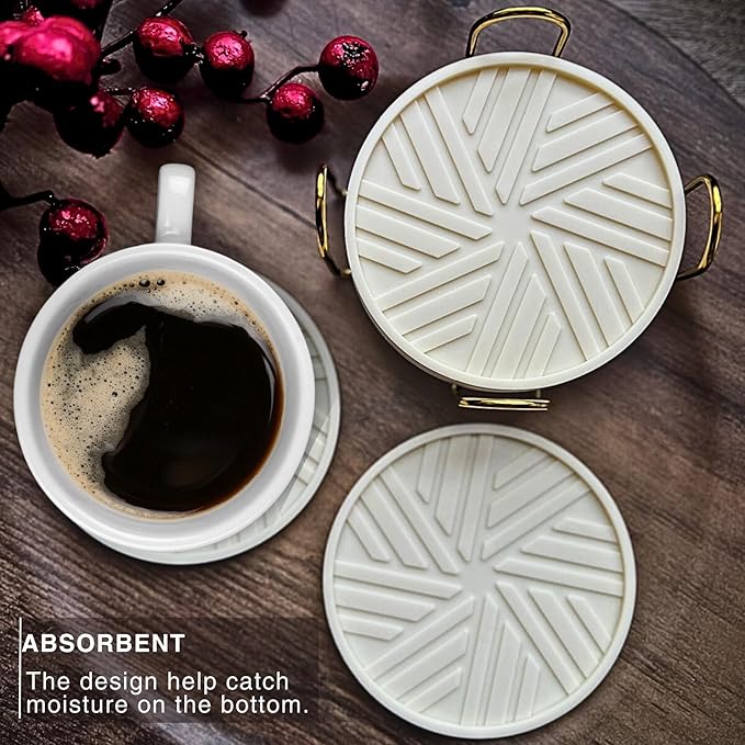 Silicone Coasters for Drinks, Set of 6 with Gold Holder and Modern Smart Pattern, Protection for Coffee Table, Living Room, Kitchen, Office, bar Decor