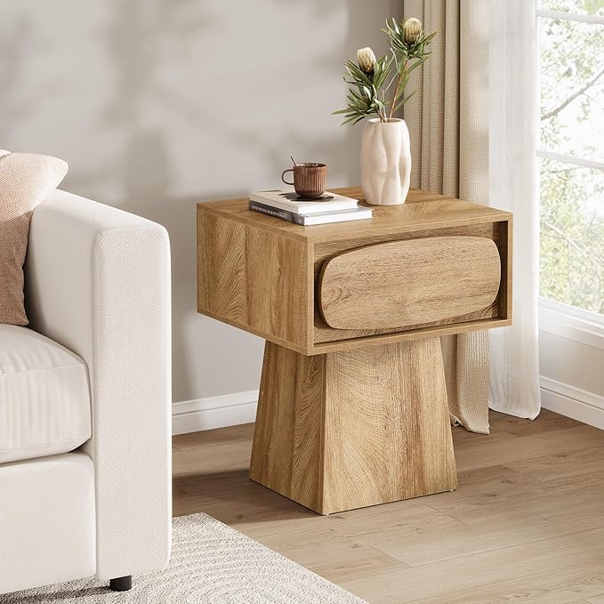 Tribesigns Side End Table with Storage Drawer for Living Room, Bedroom, Office and Dorm Small Space, Modern Mid-Century Accent Farmhouse Bedside with Oval-Shaped Handle, Night Stand Easy Assembly