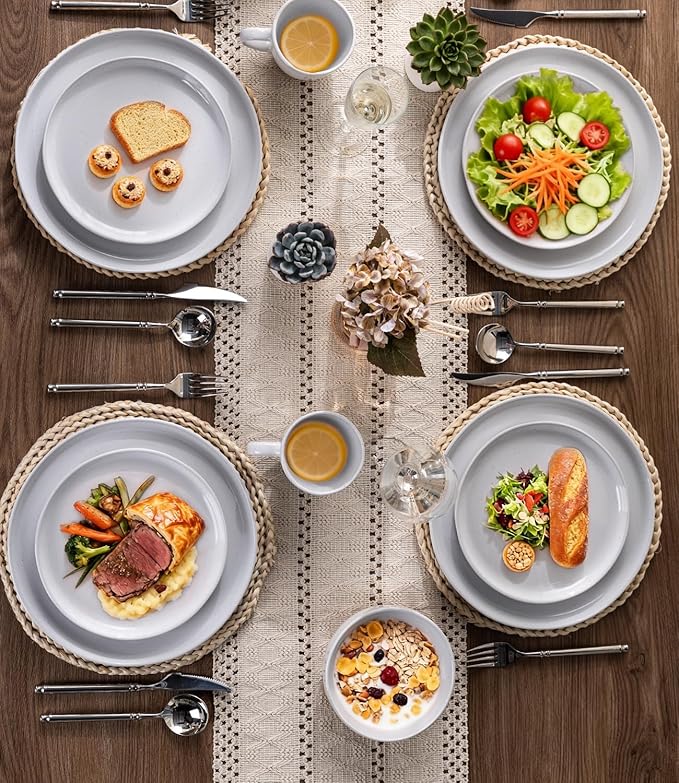 AmorArc Ceramic Dinner Plates Set of 6,10.5 Inch Stoneware Plates Set for Dinner, Elegant Dish Set with Rustic Terracotta Underside, Microwave & Dishwasher Safe, White