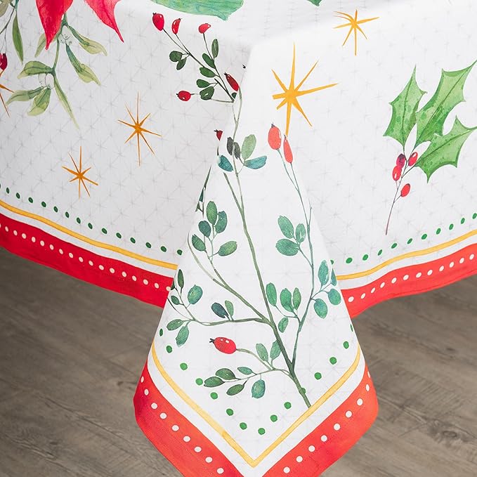 Maison d' Hermine Table Cloth Rectangle Table 100% Cotton 70 x 108 Inches Fall Tablecloth Reusable Everyday Use for Thanksgiving Christmas Decorations Dining Farmhouse Party (Poinsettia Christmas)