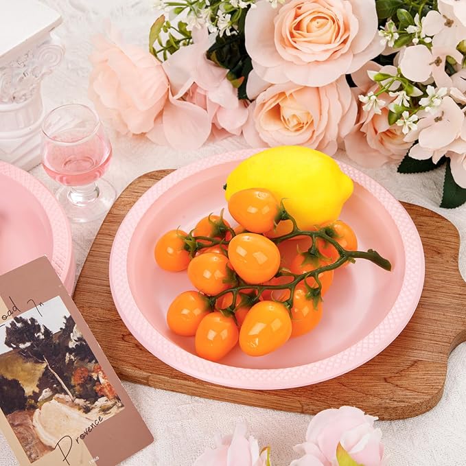 WELLIFE Pink Party Plates 7 Inch -150 Count, Disposable Plastic Light Pink Dessert Plates for Valentine's Day Party Cake Easter Mother's Day Baby Shower Appetizer