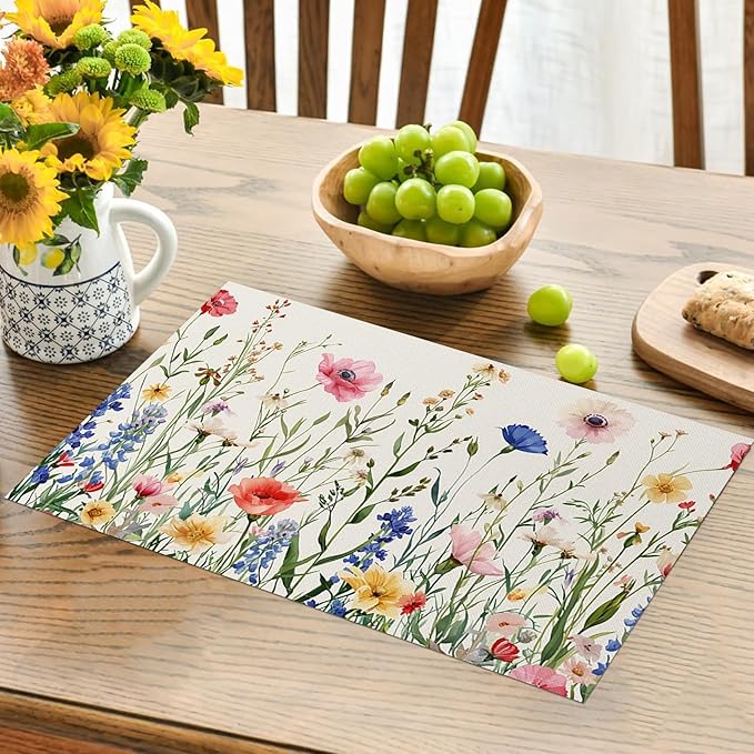 AOFOTO Floral Placemats Set of 4 Colorful Wild Flower Plants Printed Place Mats Artistic Rectangular Modern Table Mats for Home Kitchen Restaurant Party Dining Table Decor 12x18 Inch