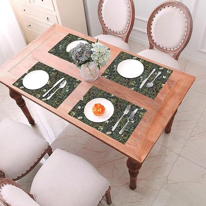 Botanical Print Floral Placemats Set of 4 Black Sage Green Spring Flower Plant Wipeable Table Mats Reusable Washable PVC Rectangle Place Mats for Kitchen Dining Home Decor 12x18 Inches