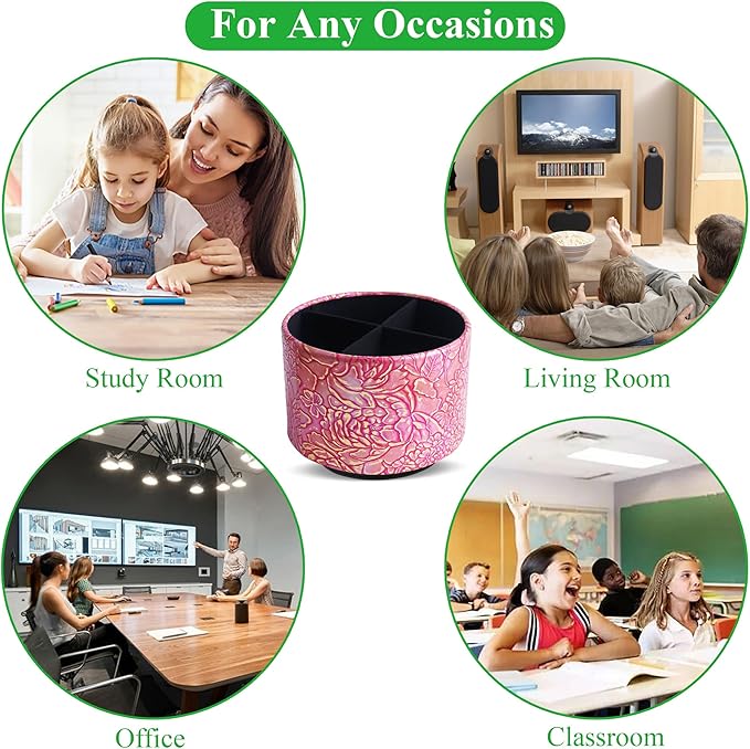 Round Leather Art Supply Organizer,Remote Control Holder,360 Degree Spinning,Multi-Functional Pencil Holder,4 Compartments Desktop Stationary Organizer(1-Rich Flower Pink)