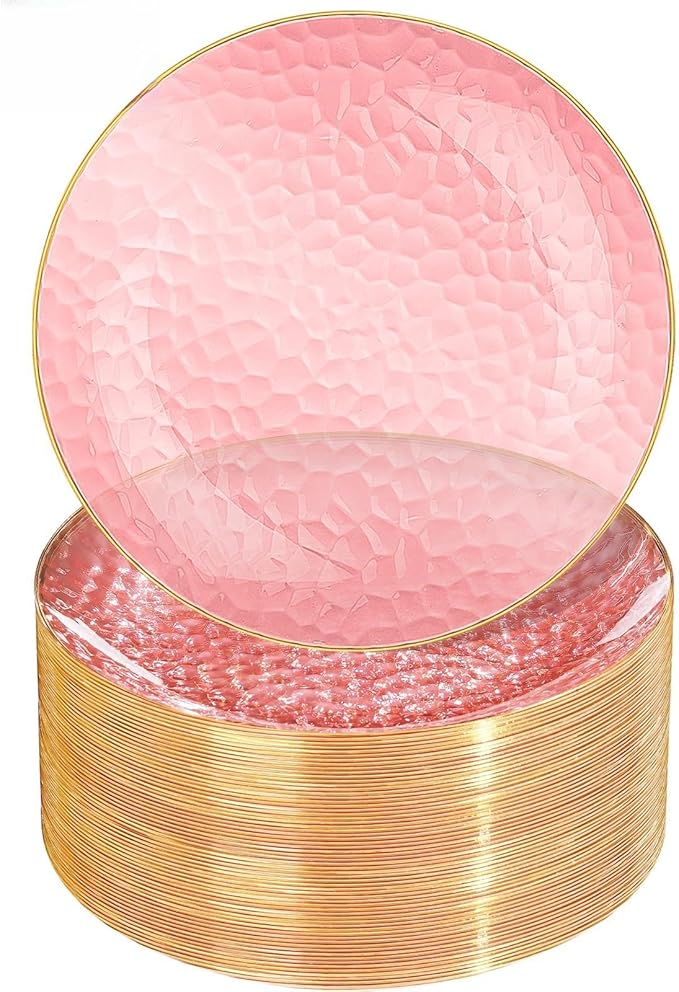 Rubtlamp 60 Pcs Pink Gold Plastic Plates, Gold Hammered Disposable Salad Plates, 7 Inch Disposable Dessert Platos, Plastic Dessert Appetizer Platos Perfect for Mother's Day