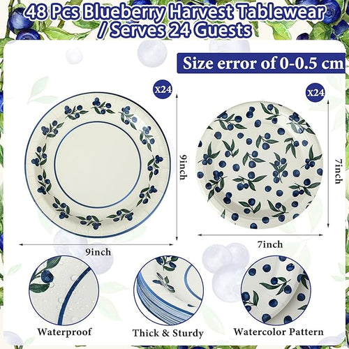 48 Pcs Blueberry Harvest Plates Set Include 9 Inch and 7 Inch Spring Watercolor Disposable Plates Summer Decorative Dinner Birthday Party Tableware for Baby Shower Party Supplies