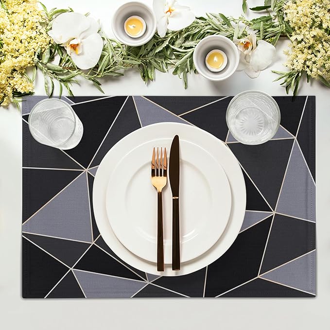 Black Table Mats Set of 4 - Mid Century Modern Placemats Gray Table Mats 12x18 for Party Kitchen Dining