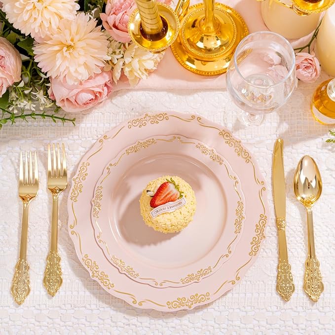 DaYammi 150Pcs Pink Plastic Plates with Gold Rimmed & Gold Silverware,Pink Disposable Plates for Party Include 30 Dinner Plate,30 Dessert Plate,30 Knives,30 Forks,30 Spoons for Valentine's Day Party