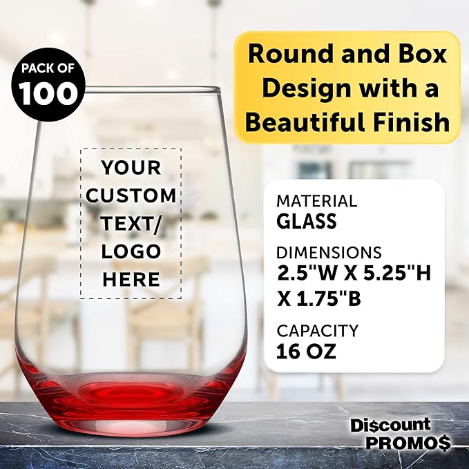 DISCOUNT PROMOS 100 Vaso Silicia Stemless Wine Glasses Set, 16 oz. - Personalized Text, Logo - Clear, Orb-Like, Thick base - Red