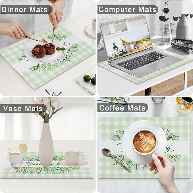 AOFOTO Green Plaid Placemats Set of 4 Beautiful Spring Leaves Printed Place Mats Washable Rectangular Table Mats for Party Home Kitchen Restaurant Dining Table Decor 12x18 Inch