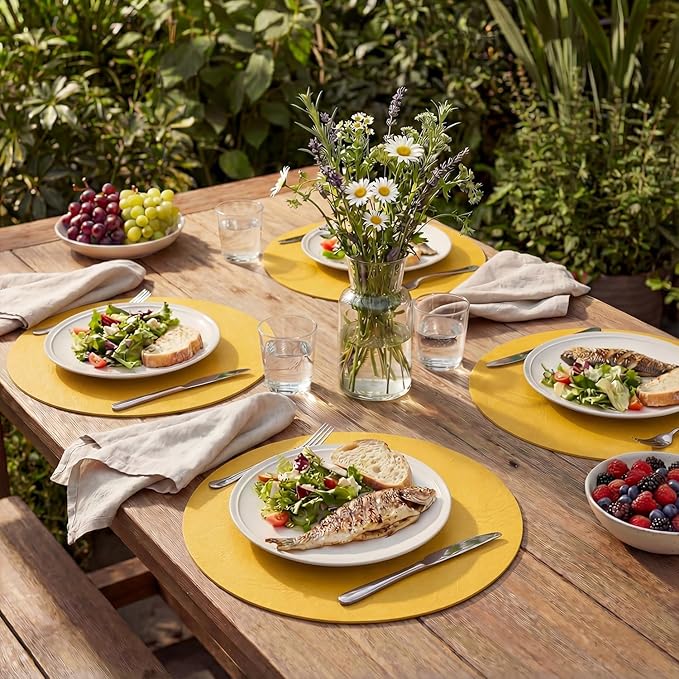 Artoid Mode Yellow Faux Leather Placemats Set of 6, 15 Inch Waterproof Wipeable Heat Resistant Vinyl Place Mats, Reversible Table Mats for Summer Kitchen Dining Decor