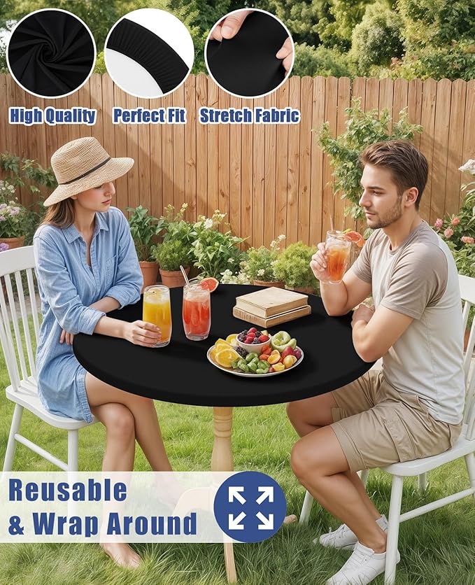 Round Spandex Tablecloth 2 Pack, Elastic Fitted Waterproof Tablecloths for 45"-56" Tables, Stretch Washable Picnic Table Cover for Camping, Dining, Indoor and Outdoor, Black