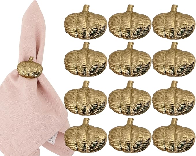 ALPHA Living HOME Set of 12 Pumpkin Napkin Rings Premium Metal Fall Harvest Table Decor Thanksgiving Dinnerware Holders, Autumn & Halloween Table Setting Accessories (Gold)