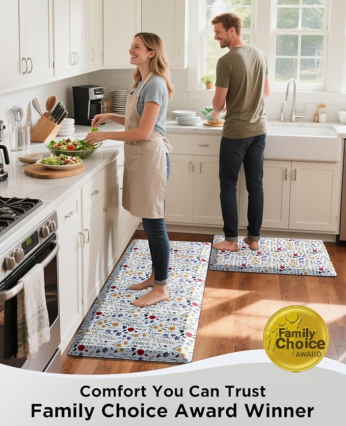 Ophanie Kitchen Mats for Floor, 3/4 inch Thick, 20x32 Anti Fatigue Cushioned Mat, Kitchen Rugs, Waterproof, Comfort Ergonomic Standing Mat for Office, Home, Sink, White Flower Non-Slip Ridged Bottom