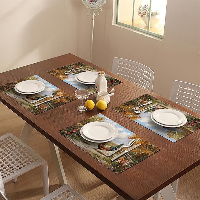 Farmhouse Rooster Placemats Set of 6, Farm Chicken Place Mats, Rustic Farm Coop Waterproof Washable Table Mats for Home Party Indoor Kitchen Dining Table Decoration 12x18 Inch