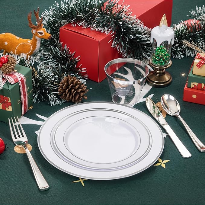 bUCLA 300PCS Silver Disposable Plastic Dinnerware Set - 50 Guests White Silver Disposable Plates Include 50 Dinner Plates,50 Dessert Plates,50 Knives,50 Forks,50 Spoons,50 Cups for Party & Christmas