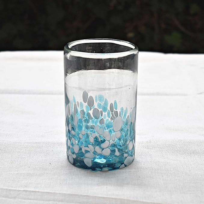 MAREY Hand Blown Drinking Glasses Artisan Crafted from Mexico Set of 6 pieces (Sky Confetti, Water 16 Oz.)