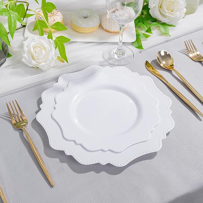 COLOSUS 100pcs 9.5 Inch-White Plastic Dinner Plates, Fancy White Plastic Plates,Heavy Duty Disposable Dinner Plates for Party Thanksgiving and Everyday Use