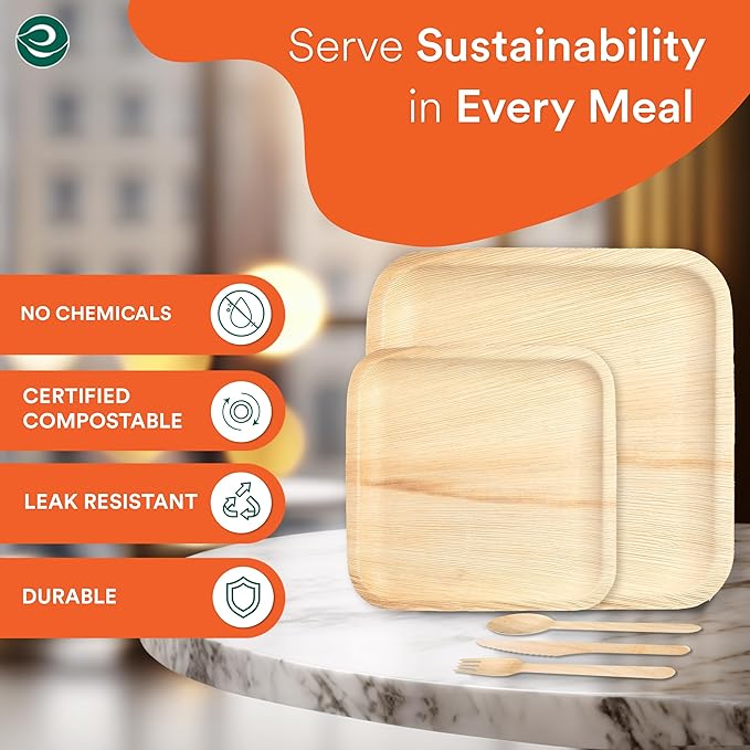 ECO SOUL 100% Compostable Palm Leaf Dinnerware Set of 250 For 50 Guests [10", 6" Square plates, Fork, Knife, Spoon, 50 Count each] | Biodegradable Disposable Utensils for Wedding, Parties, BBQ