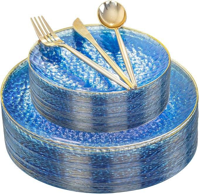 Rubtlamp 150Pcs Blue Plastic Plates, Gold Plastic Dinnerware Set For 30 Guest, Hammered Heavy Duty Plates with Gold Rim Include 30Dinner Platos, 30Salad Platos,90 Cutlery