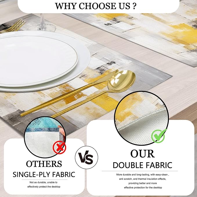 Mcalk Yellow Table Runner and Placemats Set of 6, Abstract Grey Placemats, Modern Cloth Place Mats Indoor for Kitchen,Washable Linen Material for Dining Table