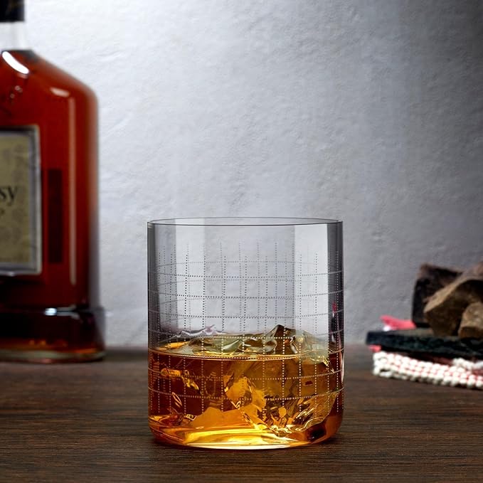 NUDE Whiskey Glasses Set of 4 DOF – 13.25 oz Finesse Grid Lead-Free Crystal Old Fashioned Rocks Glasses for Whisky, Scotch & Bourbon – Etched Graphic Motif, Dishwasher Safe Barware