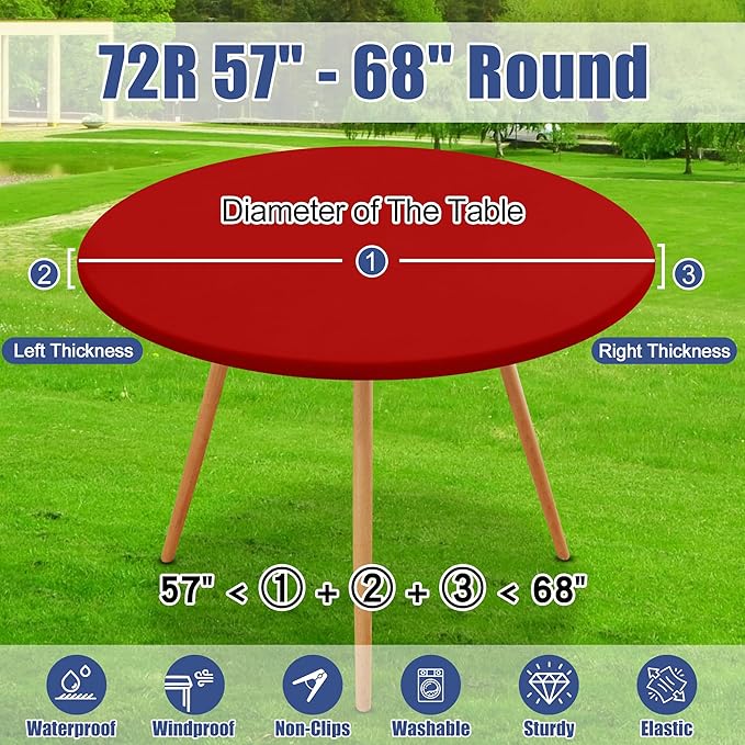 Round Spandex Tablecloth, Elastic Fitted Waterproof Tablecloths for 57"-68" Tables, Stretch Washable Picnic Table Cover for Camping, Dining, Indoor and Outdoor, Red