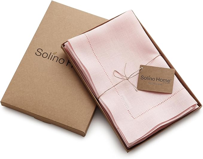 Solino Home Pink Linen Napkins Set of 4-100% Pure Linen Hemstitch Dinner Napkins 20 x 20 Inch for Valentines, Spring, Easter - Classic Hemstitch