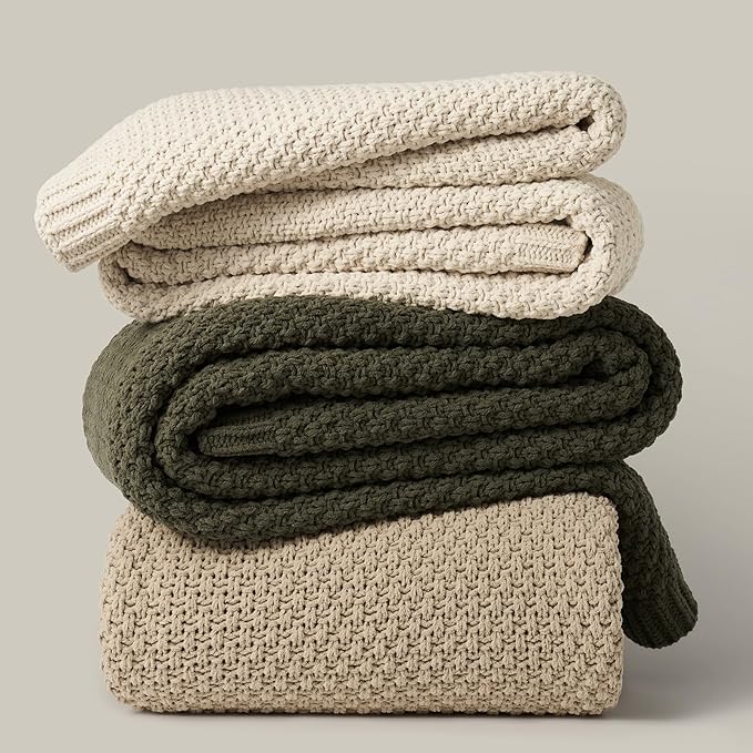 EVERGRACEHOME Chunky Chenille Knit Throw Blanket for Couch, Soft Luxurious Oversized Queen Moss Stitch Blanket for Bed, Large Cozy Farmhouse Knitted Throw for Sofa, Olive Green, 90" x 90"