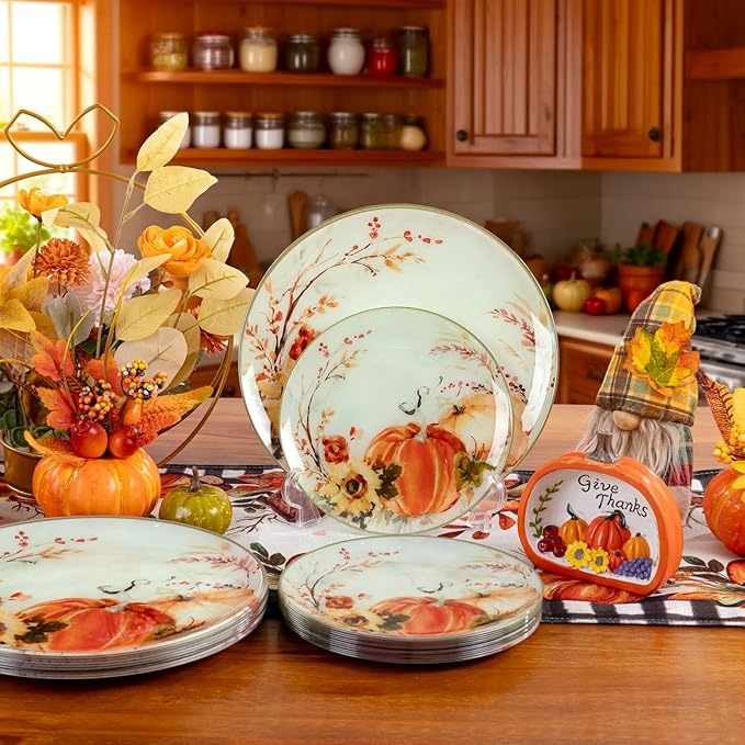 DaYammi 20 Thanksgiving Plastic Plates - Disposable Heavy duty Fancy Pumpkin Patterns, Orange plastic plates 10.25-inch Dinner and 7.5-inch Dessert Plastic Plates for Thanksgiving & holiday
