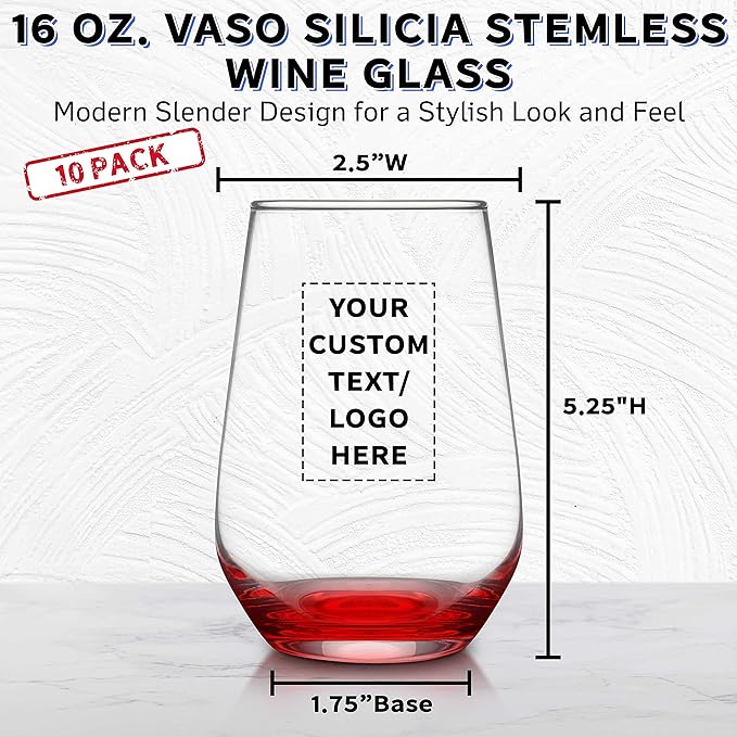 DISCOUNT PROMOS 10 Vaso Silicia Stemless Wine Glasses Set, 16 oz. - Personalized Text, Logo - Clear, Orb-Like, Thick base - Red