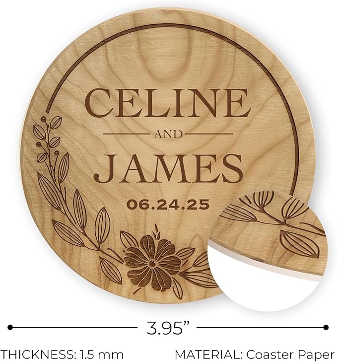100 Pack Personalized Wedding Coasters, Custom Cardboard Coasters for Drinks with Photo Print and Text, Keepsake Wedding Favors and Gifts for Couples, 3.95" Round (Design 4)