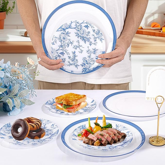 EI 60pcs Blue and White Floral Plastic Plates Fancy Blue Floral Disposable Heavy Duty,10.25inch Dinner Plate and 7.5inch Dessert Plate,Disposable Nice Plastic Plates for Party,Wedding(Value,Elegant)