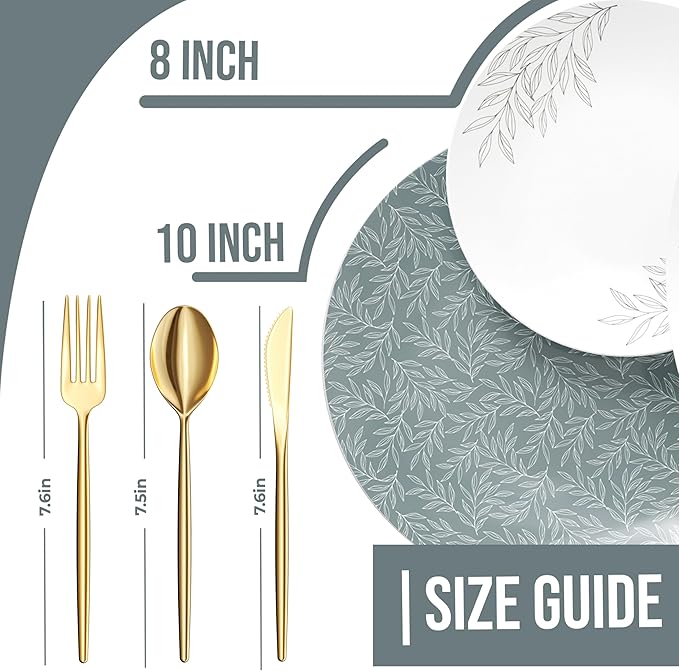 Trendables Fancy Plastic Dinnerware Sets 100 Pc Set 20 Guests Gold Silverware Disposable 20 X 10 Inch Charger Plates 20 X 8 Inch Dessert Plates 20 x Gold Plastic Forks and Spoons Knives In Aleh